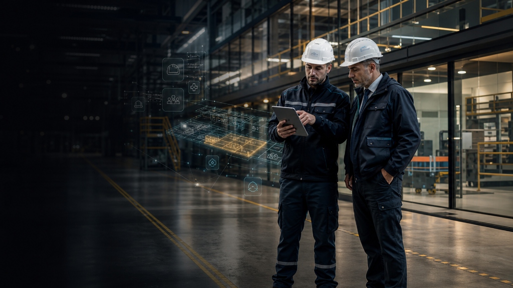 Üretim sahasında risk analizi yapan iş güvenliği uzmanı